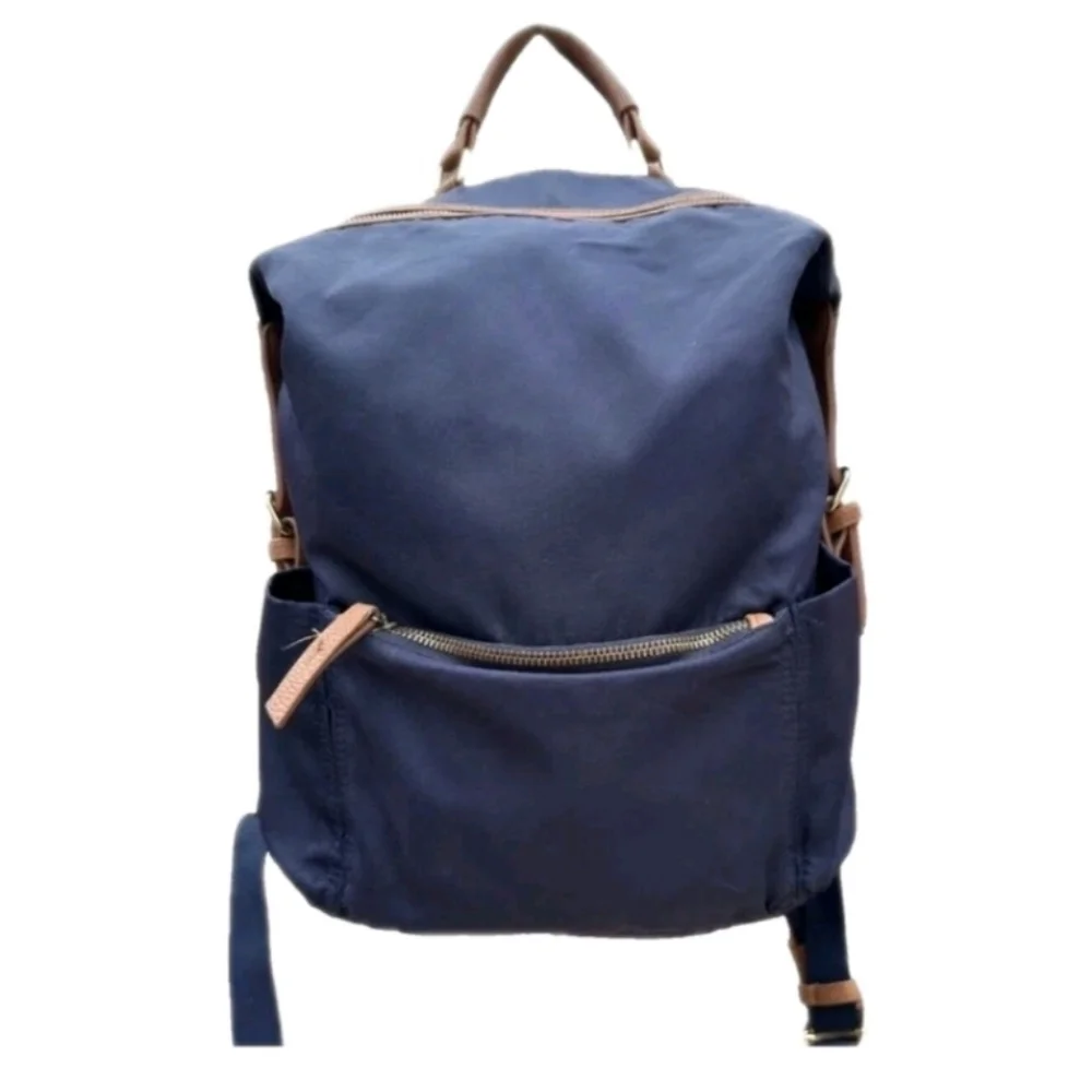 NEW! Tommy Bahama Navy Nylon Campus Backpack Tan Faux Leather Trim Handbag
